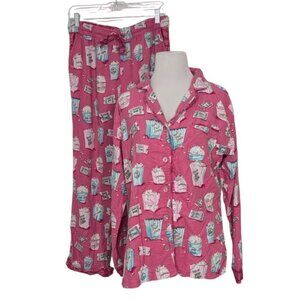 Munki Munki Movie Night Pajama Set Womens Size Small Pink Flannel Popcorn Movies